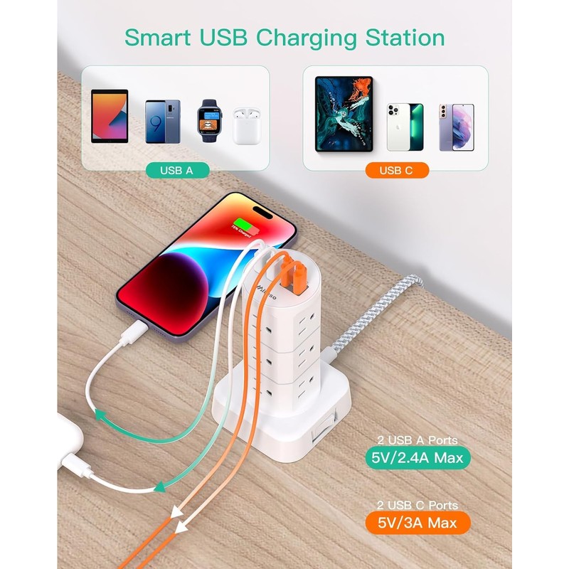 Surge Protector Power Strip Tower - Flat Plug Power Strip