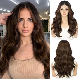 Sapphirewigs Brown Wig Lace Front 13 x 4 Synthetic Wigs Body Wave Brown Lace Front Hair Pre-Plucked Daily Wear Party Date Christmas 56 cm