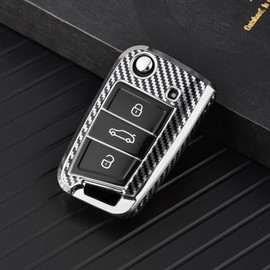 OATSBASF Car Key Case Compatible with VW, VW Golf 7 Key Case, Key Box Cover for VW Polo, Skoda, Tiguan, MK 7 3 Buttons (Silver with Carbon Fibre Pattern)