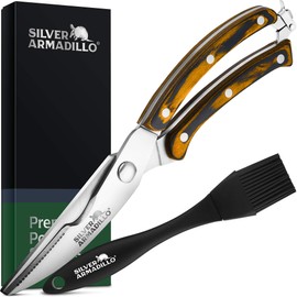 Heavy Duty Stainless Steel Poultry Shears For Bone, Chicken, Meat, Fish, Seafood, Vegetables. Premium Spring Loaded Food Scissors. One piece Kitchen Shears. (Brown Wooden Handles)