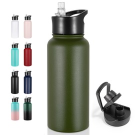 VEGOND 32 oz Insulated Water Bottle Stainless Steel Metal Water Bottles with Leak Proof Straw Lid & Spout Lid, Wide Mouth Double Walled Vacuum Travel Sports Bottle, Army Green