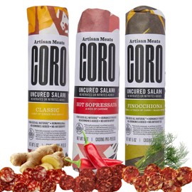Coro Classic, Finocchiona, & Hot Sopressata Uncured Artisan Salami Stick – 5oz (Pack of 3) | Perfect for Characuterie Boards, Snacking, Hosting Gifts | All Natural, Gluten-Free, No Added Nitrates & Nitrites