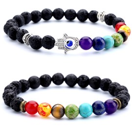 Hamoery Men Women 8mm Lava Rock Beads Bracelet Elastic Natural Stone Chakra Yoga Bracelet Bangle (Lava & Hamsa)