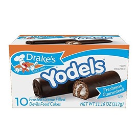 Drake's Cakes Yodels, 10 cakes per box, 11.16 oz of Rolled Devil’s Food Cakes (10-Boxes)