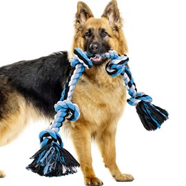 TAKMOO Juguetes para Perro, Cuerda para Masticar Perros, Cuerda Indestructible de 5 Nudos de 86 cm de Largo, Cuerda de Tirón de Perro para Limpieza de Dientes (Azul)