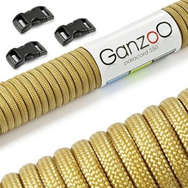 Ganzoo Set of Paracord 550 Rope with 3 x Click Fasteners, 3/8 Inch, 10 mm Strap/Cord 4 mm, Nylon - Polyester, Type 3, 30 Metres, Outdoor Cord, All-purpose Rope, Bracelet, Crafts, Gold