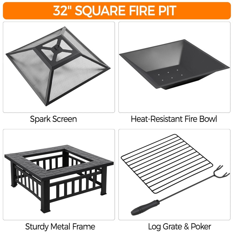 Yaheetech Multifunctional Fire Pit Table 32in Square Metal Firepit Stove