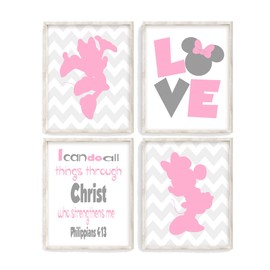 Minnie Mouse Christian Nursery Set of 4 Unframed Prints - Chevron Pink and Gray - Love, I Can Do All Things Through Christ - Philippians 4:13