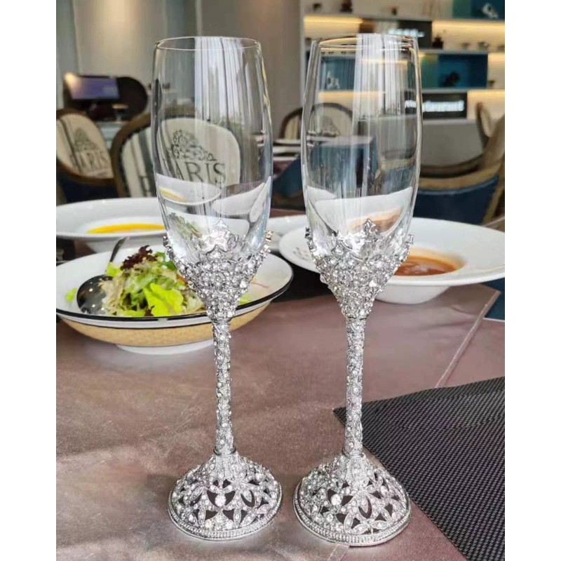 Jozen Gift Champagne Flutes - Crystal Glass Metal Base With