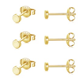 GULICX 3 Pairs 3mm Silver 14K Gold Stud Earrings for Women Men Girls, Hypoallergenic 925 Stering Silver Tiny Flat Dot Stud Earrings Set, Unisex Small Round Disc Sleeper Cartilage Tragus Studs Earrings