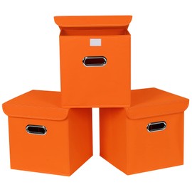 SEVENDOME Closet Organizers Fabric Storage Bins With Lids Collapsible Cube Storages Organizer Basket With Handles,Storage Boxes for Clothes Storage,Office,Toys,3 Pack,（Orange