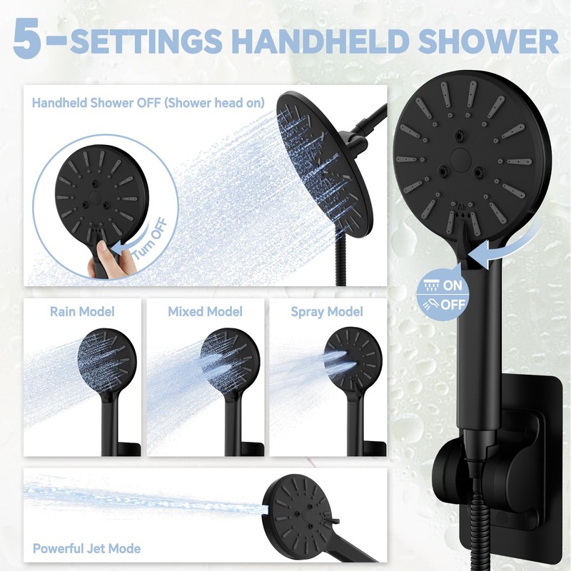 9 In Rain Shower Head with Handheld Wand, High Pressure
