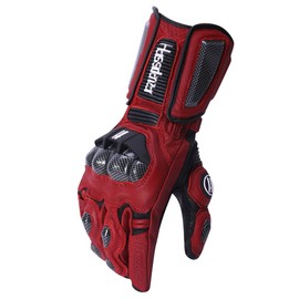 Harssidanzar Leather Motorcycle Gloves for Men and Women,Powersports Carbon Fiber Knuckle Protection Motorbike Gloves KM045CA,Oxblood/Black,Size L
