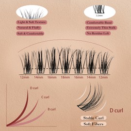 Cluster Eyelash Extensions with Bottom Lashes Left&Right Wispy Eyelashes Clusters D Curl 12-18mm Individual Lashes Soft Matte Black Fluffy Cat Eye Lash Clusters DIY At Home 174pcs, by Momolash