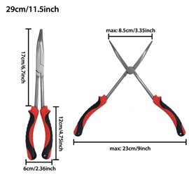 Filltown Curved Needle-Nose Pliers, Fishing Pliers, 11 Inch Long Nose Pliers Made of Carbon Steel, 45° Long Nose Pliers with Toothing, Red and Black Soft Grip, for Fishing, Professionals, Car