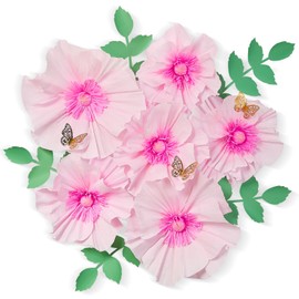 16 Pcs Large Pink Tissue Paper Poppy Flowers Set with Butterflies & Olive Leaves for Wedding, Baby Shower, Nursery, Party Decorations, Perfect for Events & Pom Pom Backdrops