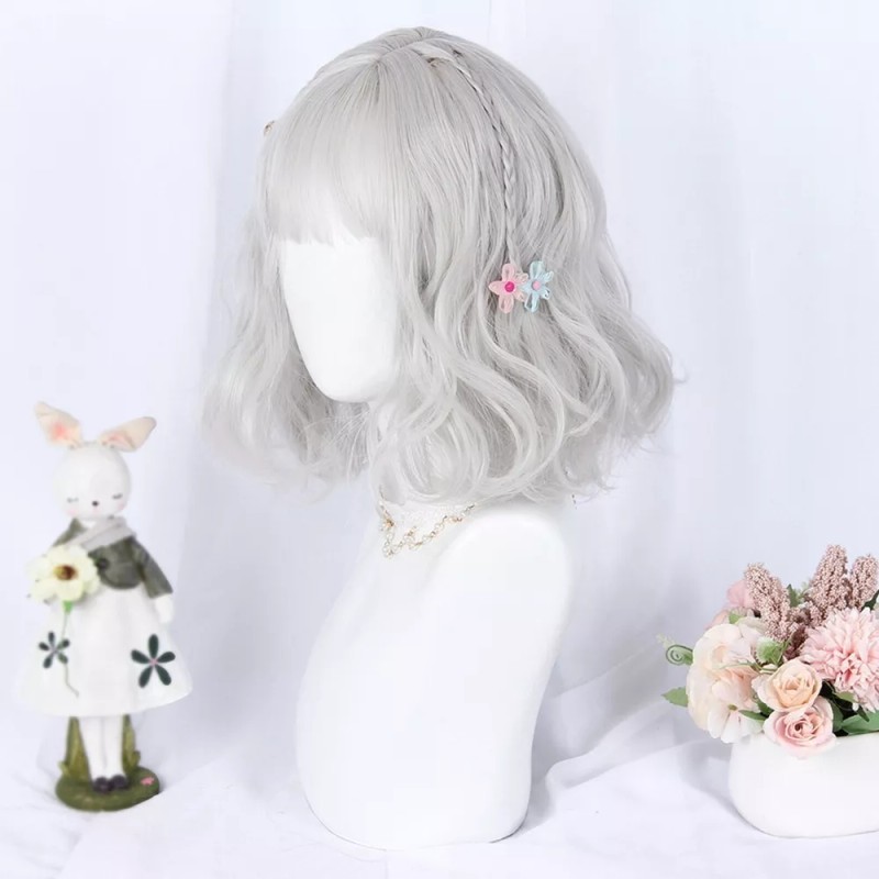 Generic 2025 Peluca Corto Rizada Con Lazo For Lolita Plateada