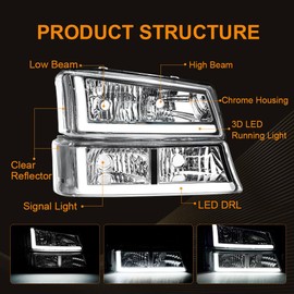 DimFlux LED DRL Headlight Compatible with 2003-2006 Chevy Silverado/ 2003-2006 Avalanche 1500 2500, without Factory Cladding Models Headlights Assembly Kit Chrome Housing Clear Reflector