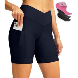 Women's Bike Shorts 4D Padded Cycling Shorts Crossover Waist Biking Shorts with Pockets Bicycle Riding (Navy L)