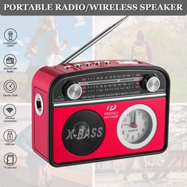 PRONLY Radio Portable AM FM SW, Vintage Radio Bluetooth Speaker, Removable & Battery Powered Rechargeable Shortwave Radios with Internal Clock & Flashlight Support TF Card/USB Playing for Gifts, Red