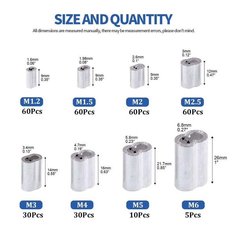 Glarks 315-Pieces 8 Sizes Aluminum Crimping Loop Sleeve Double Barrel