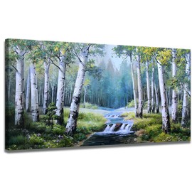 Large Canvas Wall Art Landscape Painting Modern Birch Trees Nature Teal Mountain River Picture Abstract Painting Artwork 24"x48" Artwork Prints Framed,for Living Room Bedroom Home Office Wall Décor