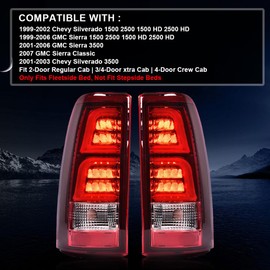 G-PLUS LED Tube Tail Lights Fit Chevy Silverado 1500 2500 & HD 99-02/Fit GMC Sierra 1500 2500&HD 99-06,Driver & Passenger,Brake Lamps Red/Chrome w/White light Bar Luces Traseras Faros TraserosAssembly