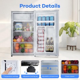 Mini Refrigerator with Freezer, 91L Capacity with Adjustable Thermostat, Fresh Drawer, Removable Glass Shelves, Mini Refrigerator for Bedroom/Cubicle/Office Food Storage Cooled Beverages, Silver