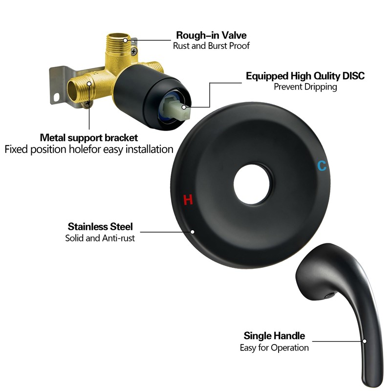 LIWEIKE Matte Black Shower Handle Valve Single Function Shower Valve