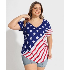 TIYOMI Plus Size Tops for Women 4XL American Flag Print V-Neck Raglan Stars Stripes Print 4Th of July Short Sleeves T Shirt Blue Red 24 26 Plus