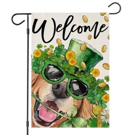 EKOREST Welcome St Patricks Day Dog Garden Flags for Outside, Golden Retriever with Hat Lucky Shamrock Small Seasonal Decoration for Holiday Irish Anniversary Yard Outdoor Decor 12x18 Inch Double Sided
