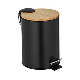 WENKO Tortona Cosmetic Pedal Bin, Black Bucket with Bamboo Lid, 3 Litres, High-Quality Bathroom Bin with Easy-Close Soft-Close Mechanism, Made of Rustproof Satin Stainless Steel, 17 x 23.5 x 21 cm