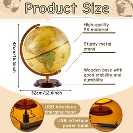Amylove 13'' Illuminated World Globe with Stand 720°/360° Rotation Rewritable Light up Globe for Kid World Map for Interactive Learning Globe Light with Base Globe Lamp LED Decor(Vintage)