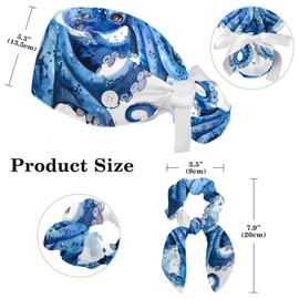 Women’s Working Cap Scrub Hats with Bow Scrunchies, Blue Watercolor Octopus Illustration Bouffant Surgical Cap Ponytail Holder