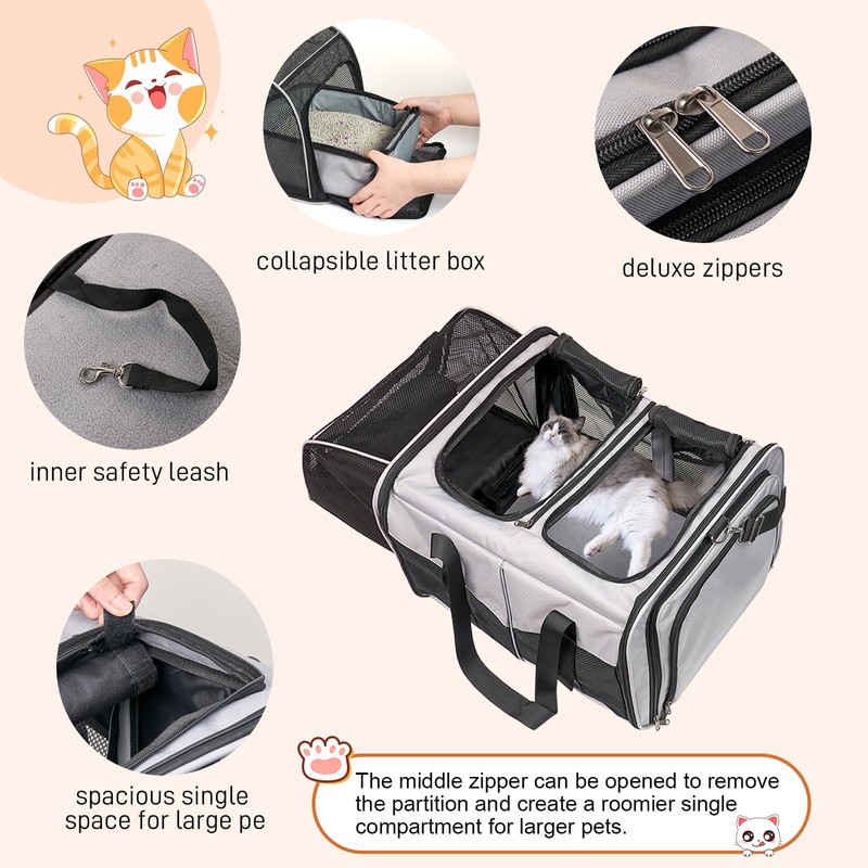 A.FATI Cat Carrier for 2 Cats, Grey 30lbs Capacity, Expandable