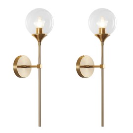 BOKT Clear Bubble Glass Globe Wall Mounted Sconce Light Set of 2 Modern Brass Gold Long Pole Wall Sconce Lighting Set of Two Mid Century Vintage Bathroom Mirror Wall Lamp (Clear)