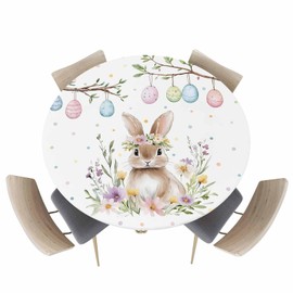 ZFUNCING Round Fitted Tablecloth Elastic Edged Table Cover,Happy Easter Rabbit Spring Flower Waterproof Wipeable Table Cloths for Kitchen Dining Party Fit up 45-54in Tables,Colorful Egg Tree Branch