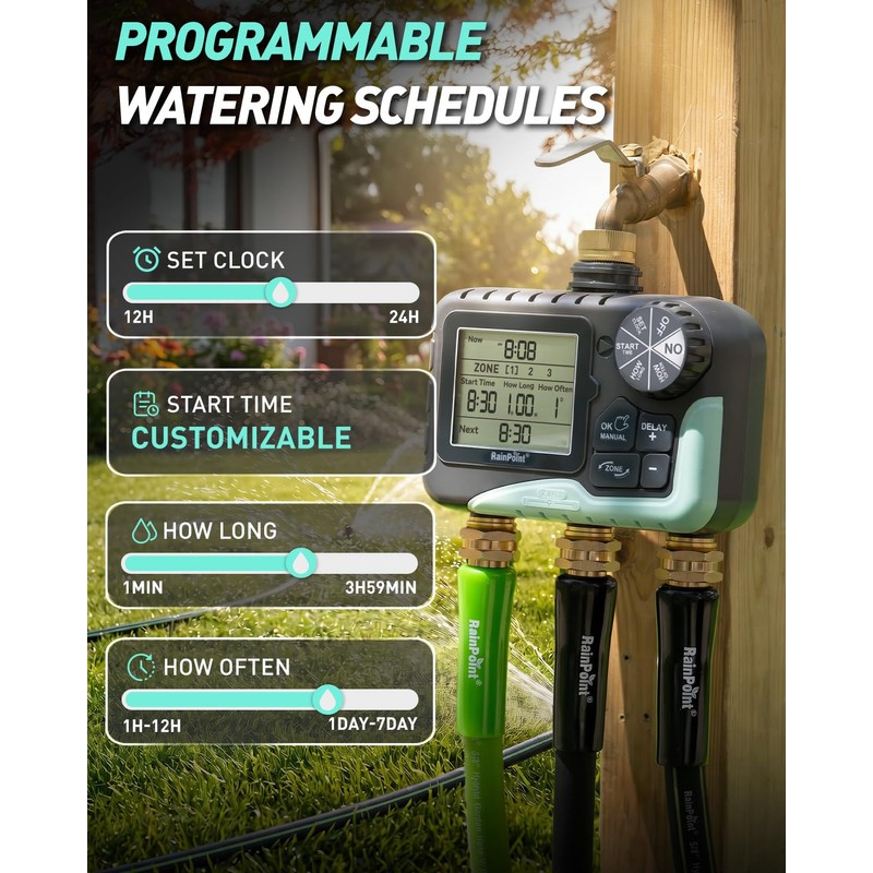 RAINPOINT 3‑Zone Water Timer, Brass Inlet & Outlet, 2027 Upgraded