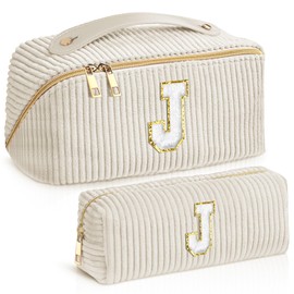 TOPEAST Makeup Pouch Set, Travel Toiletry Bag, Skincare Bag with Compartment, Corduroy Letter Bag, Preppy Things, Anniversary Bridal Shower Gifts (Letter J)