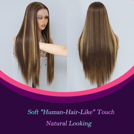 Barbique Honey Blonde Wig, 13x6 Synthetic Lace Front Wig Pre-Plucked Hd Lace Long Straight Highlights Glueless Wig for Black Women 26 Inch Suitable for Everyday Wear