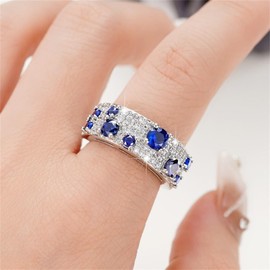 925 Sterling Silver Shiny Full Diamond Sapphire Ring 18K Gold Blue Cubic Zirconia Promise Rings CZ Diamond Multi Row Cocktail Rings Eternity Engagement Wedding Band Ring for Women Z.68 (US Code 7)