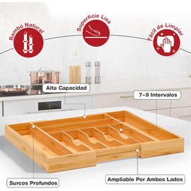9 Compartimentos Bandeja para Cubiertos Expandible de Bambú,Organizador de cocina ajustable 100% de bambú EcoFriendly,Bandeja de Madera para Cajón,Multiusos para Almacenar y Ordenar. (-2)