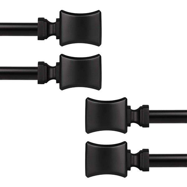 KNOBWELL 4 Pack 3/4" Single Rod Drapery Curtain Window Rod Set with Modern Square Finials - 22" to 42", Black Curtain Rod Cafe Window Rods