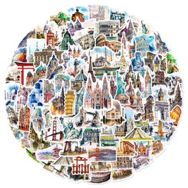 Pack of 100 World Famous Building Stickers for Laptop, Fridge, Car, Motorcycle, Guitar, Luggage, Bumper, Travel Vinyl Sticker, Gift for Girls Adults, Aesthetic Waterproof Stickers