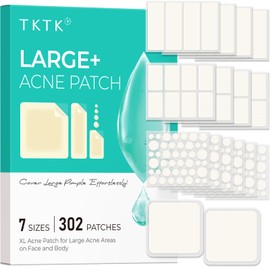 TKTK Large Pimple Patches for Face, 7 Sizes XL Acne Patches, Big Hydrocolloid Bandages for Body, Chin, Forehead, Chest, Back Zit Breakouts, Hydrocolloid Patch (Strip, Square Dot 302 Count)
