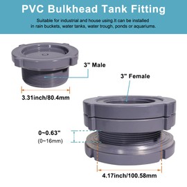 Ququyi 3 Inch PVC Bulkhead Water Tank Connector Adapter Fitting with Plugs Thru-Bulk Pipe Fitting for Rain Barrels, Aquariums, Ponds(Set of 1)