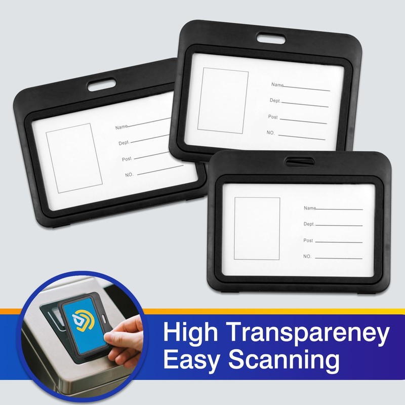 3-Pack Horizontal Hard Plastic ID Badge Holders – Double-Sided Black