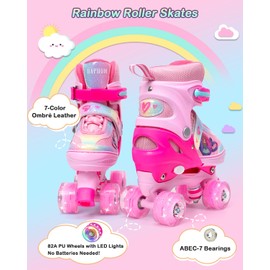 Roller Skates for Girls, Beginners, Kids - HAPHOM Rainbow Roller Skates for Toddler Little Girls, 4 Size Adjustable Pink Quad Skates with Light Up Wheels, Birthday Gifts for Girl Indoor Outdoor Sports