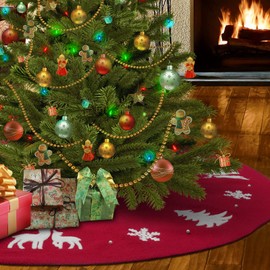 Qpout Christmas Tree Skirt with Pearls Snowflake Christmas Tree Elk Embroidery Knitted Red Christmas Rug Tree Skirt Strap Fixing Holiday Decorations 48 Inches