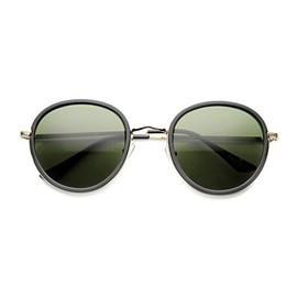 zeroUV Vintage Inspired Unique Full Side Cover Rim Metal Temple Round Sunglasses (Matte Coat | Black-Gold/Green)